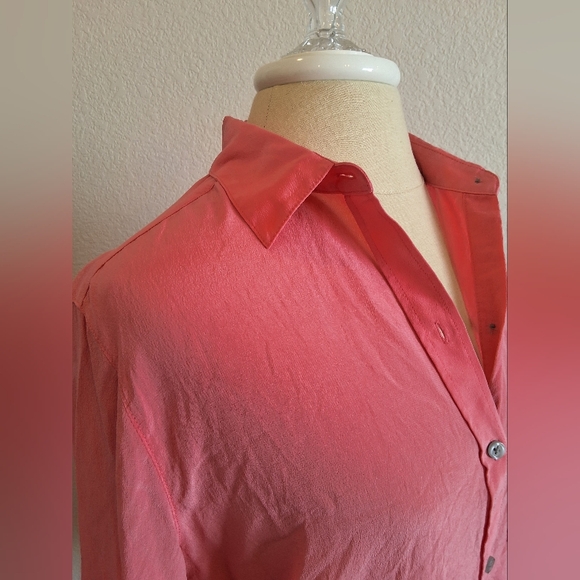 100% SILK ANN TAYLOR Button Up Long Sleeve Pocket Shirt/ Blouse Med Pink - Picture 7 of 13